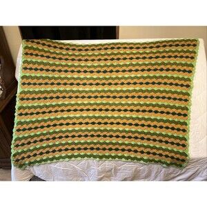 Vintage Afghan Throw Retro 70s Crochet Orange  Green Stripe Blanket 36x54”